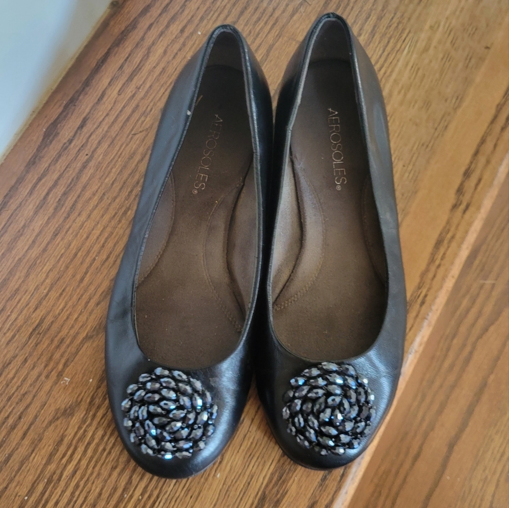 Black Leather AEROSOLES Flats with Beaded Details.